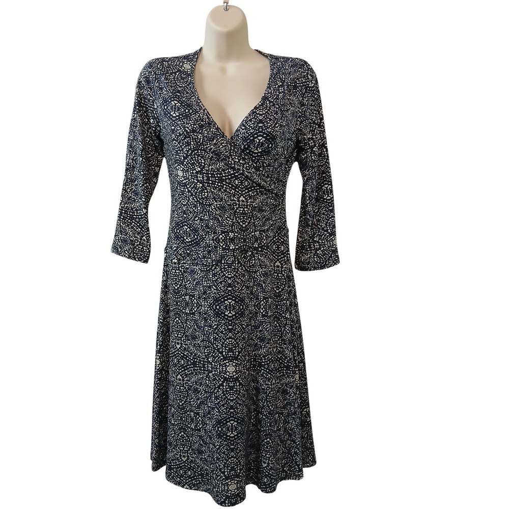 Garnet Hill Surplice Bodice Navy Blue Geometric Mosaic Print Tencel Dress XS